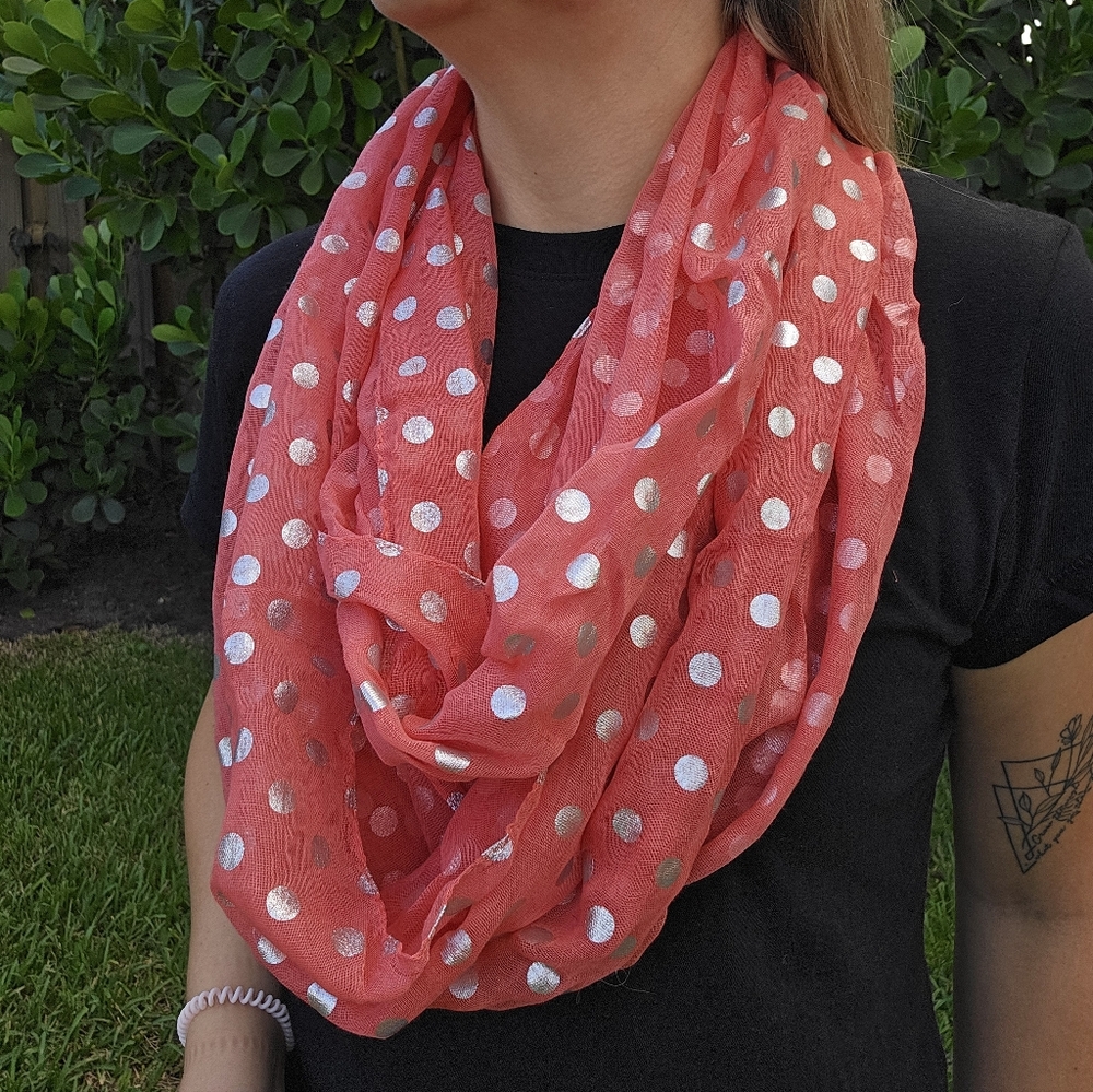 Coral Polka Dot Infinity Scarf Lightweight Loop Wrap NWOT